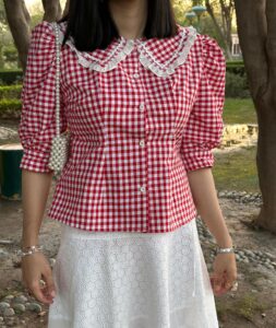Red Gingham Peter Pan Collar Puff Sleeve Blouse