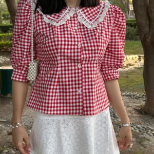 Red Gingham Peter Pan Collar Puff Sleeve Blouse